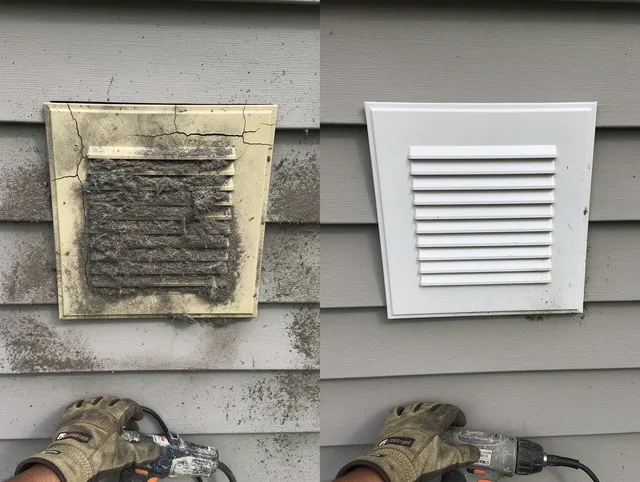 Plantation Dryer Vent Cleaning technician installing high-quality dryer vent cover at a residential property in Plantation