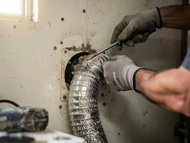 Plantation Dryer Vent Cleaning technician performing precise dryer vent hose installation in Plantation